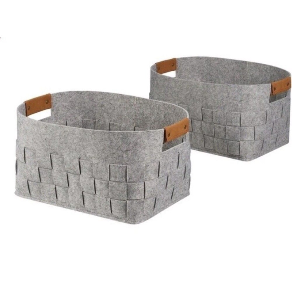 Medium Woven Felt Storage Baskets Set of 2 Faux Leather Handles Light Gray New!